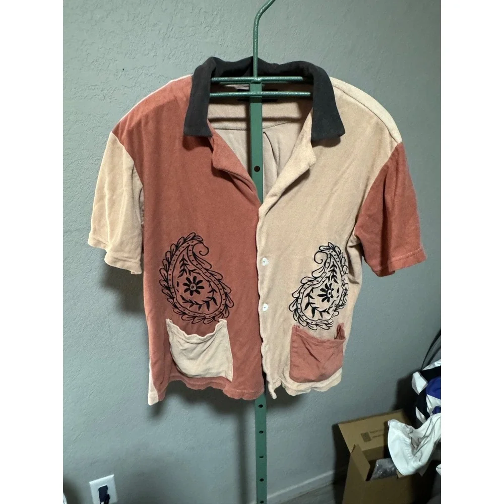 Pac Sun Men's Terry Cloth Button up Shirt Size L Retro Syling Orange Cream Beach